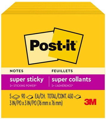 Post-it Super Sticky Notes, 3 x 3, 90 Sheet/Pad, 5 Pads/Pack (6545SSY)