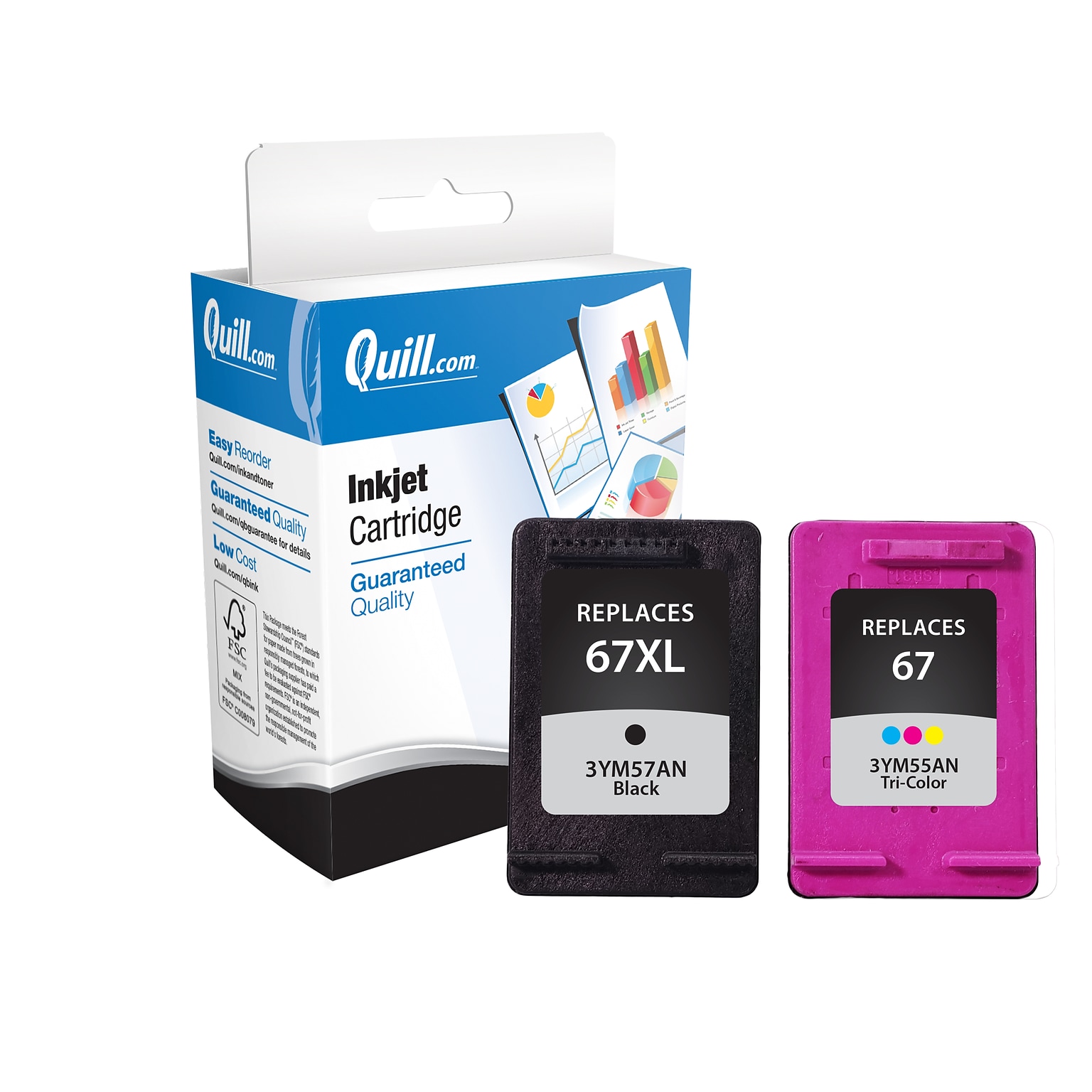 Quill Brand® Remanufactured Black High Yield Tri-Color Standard Yield Ink Cartridge Replacement for HP 67XL/67, 2/Pack (3YP30AN)