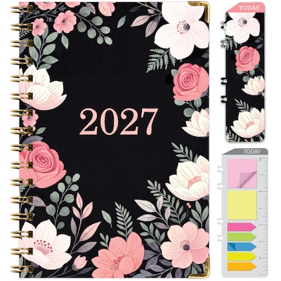 2027 Excello Brands 6 x 8 Weekly & Monthly Standard Planner, Paperboard Cover, Black Floral Pink (FSHN-CY27-58-06)