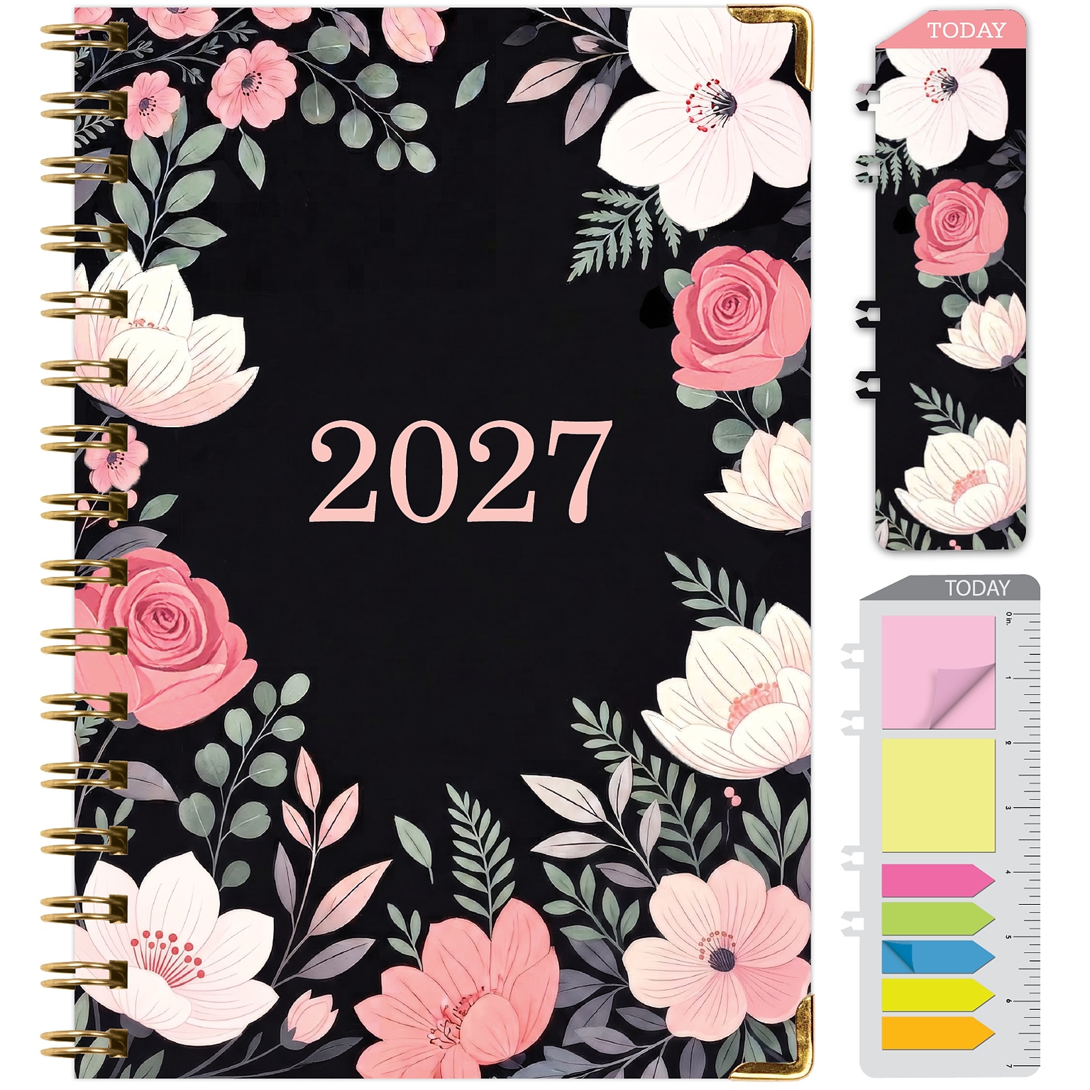 2027 Excello Brands 6 x 8 Weekly & Monthly Standard Planner, Paperboard Cover, Black Floral Pink (FSHN-CY27-58-06)