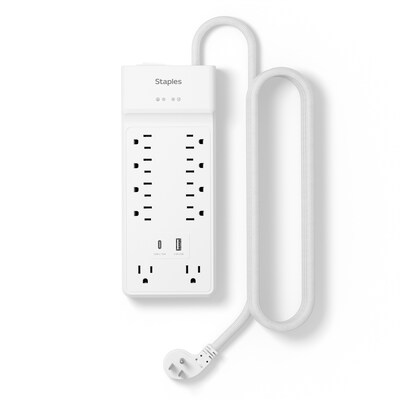 Staples TECH 10-Outlet 2-USB Port Surge Protector, 6, 3000 Joules, White (ST62776)