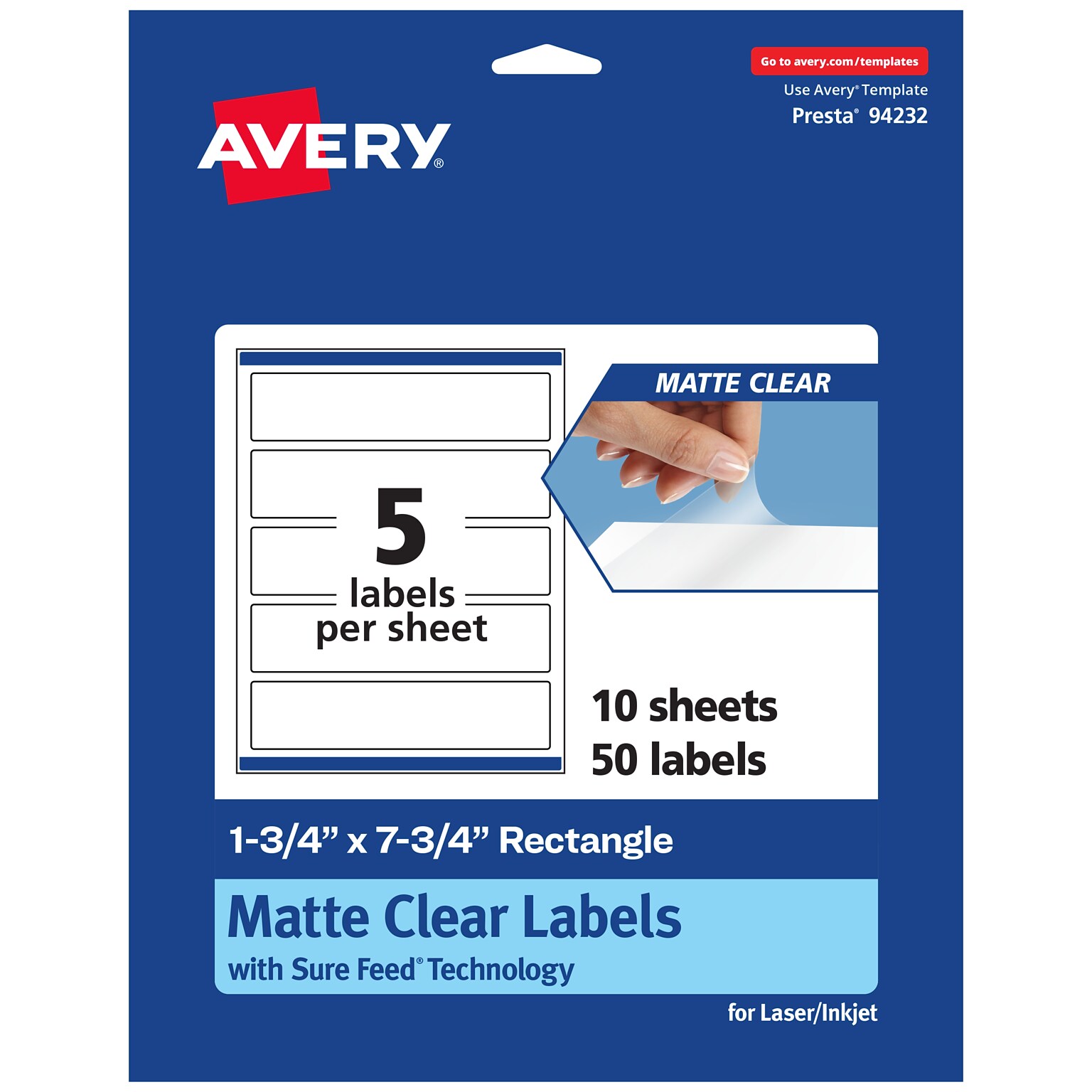 Avery Laser/Inkjet Rectangle Multipurpose Labels, 1-3/4 x 7-3/4, Clear, 50/Pack (94232)