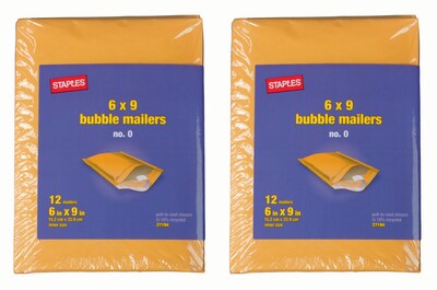 Two Each Quill Brand® #0 Peel & Seal Bubble Mailer, 6 x 9, 12/Pack (51620-CC)