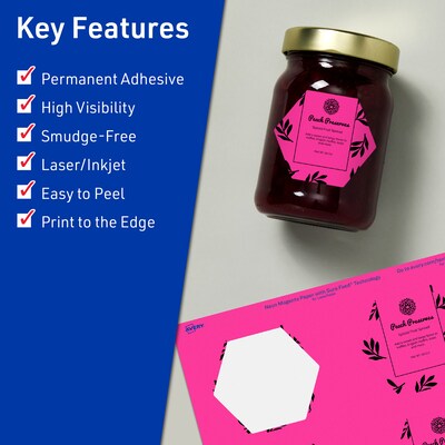 Avery Hexagon Laser/Inkjet Multipurpose Labels, 2-1/2 x 2-57/64, Neon Magenta (480/Box)