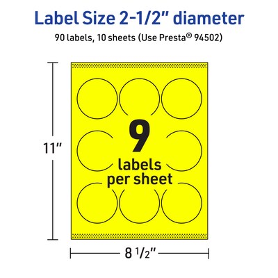 Avery Laser/Inkjet Round Multipurpose Labels, 2.5" Dia., Neon Yellow, 90/Pack (94502)