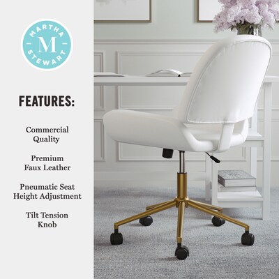 Martha Stewart Tyla Armless Faux Leather Swivel Office Chair, White/Polished Brass (CH2209215WHGLD)