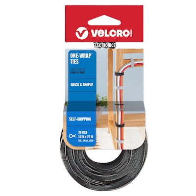 Velcro Brand ONE-WRAP Cable Ties, 1/2 x 15, Reusable Hook & Loop Fastener, Gray, 30/Pack (94257)