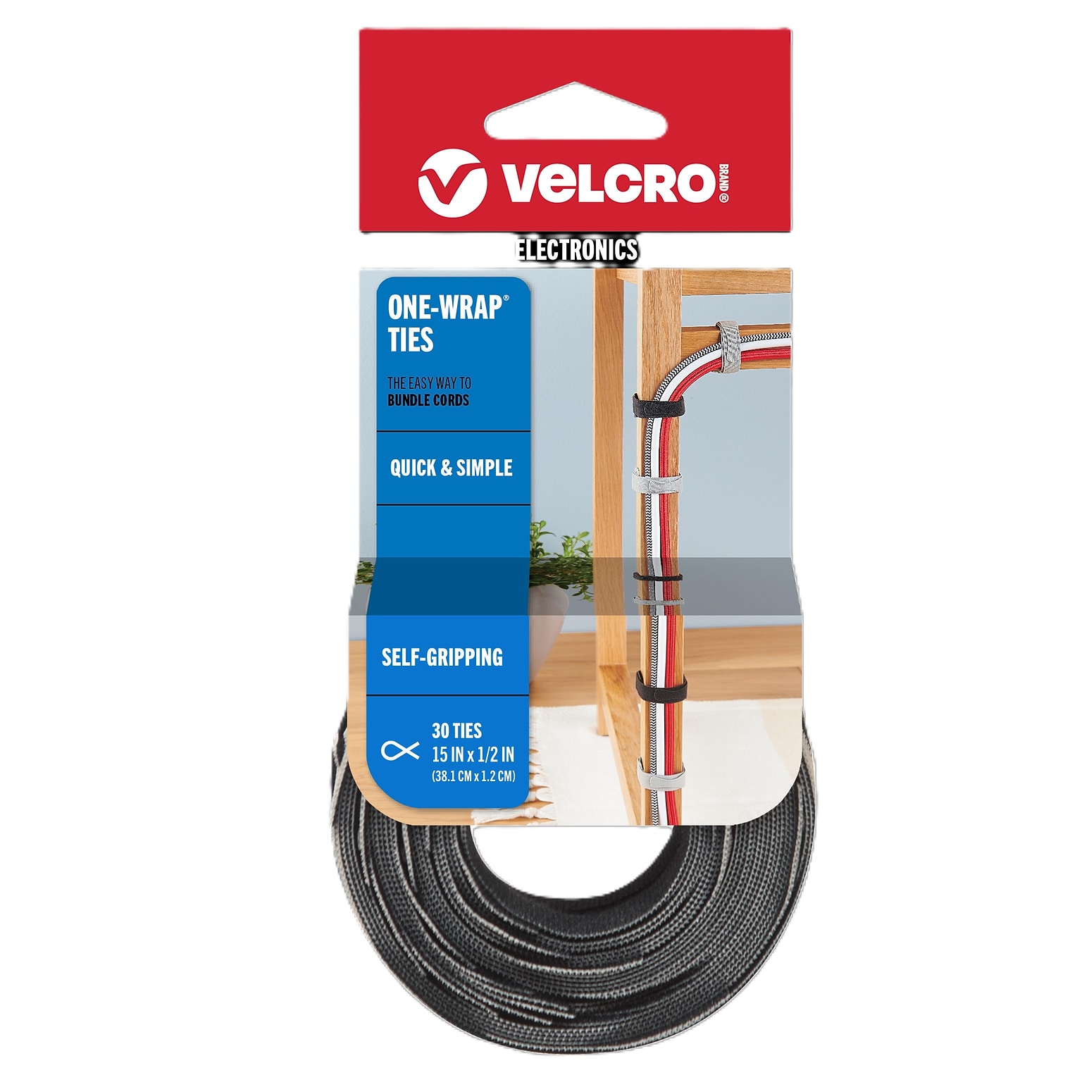 Velcro Brand ONE-WRAP Cable Ties, 1/2 x 15, Reusable Hook & Loop Fastener, Gray, 30/Pack (94257)