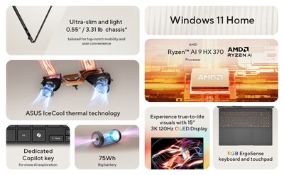 ASUS Vivobook S 15 OLED 15.6 Laptop, Copilot+PC, AMD Ryzen AI 9 HX 370, 32GB RAM, 1TB SSD, + 17 hou