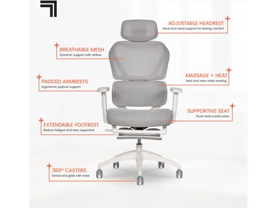 Sharper Image S-850 Heated Ergonomic Mesh Swivel Executive Massage Chair, Light Gray/White (60106-LGRYWHT)