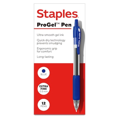 Staples ProGel™ Retractable Gel Pen, Extra Fine Point, 0.5mm, Blue Ink, Dozen (ST63008)