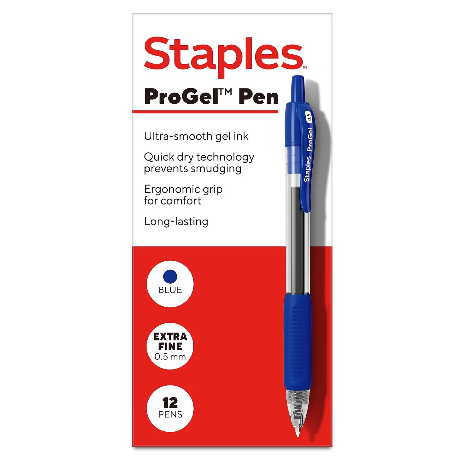 Staples ProGel™ Retractable Gel Pen, Extra Fine Point, 0.5mm, Blue Ink, Dozen (ST63008)