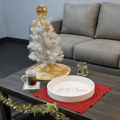 Elegant Designs "Let it Snow" Decorative 13.75" Round Wood Serving Tray w/ Handles, White Wash (HG2013-WLS)