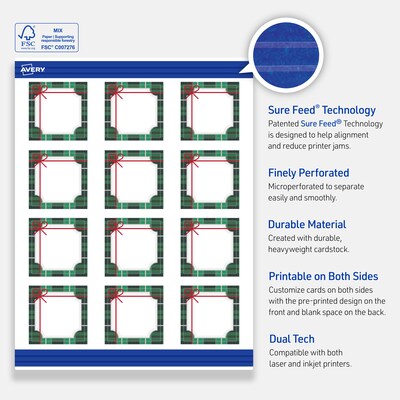 Avery Silver-Green Plaid Matte Blank Card, White, 120/Pack (S00-FJ9)