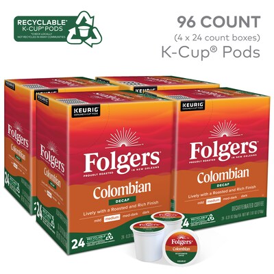 Folgers 100% Colombian Decaf Coffee, Keurig K-Cup Pod, Medium Roast, 96/Carton (5000053359CT)