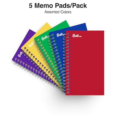 Quill Brand® Memo Books, 3" x 5", College Ruled, Assorted Colors, 75 Sheets/Pad, 5 Pads/Pack (TR11493)