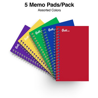 Quill Brand® Memo Books, 3" x 5", College Ruled, Assorted Colors, 75 Sheets/Pad, 5 Pads/Pack (TR11493)