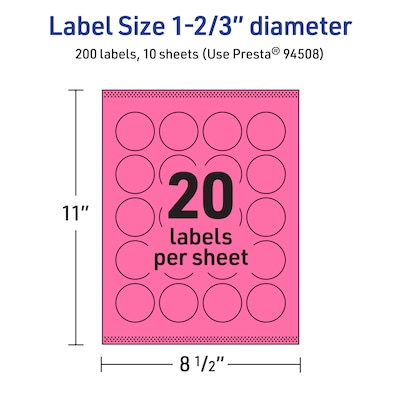 Avery Round Laser/Inkjet Multipurpose Labels, 1-2/3" Dia, Bright Pink (200/Pack)