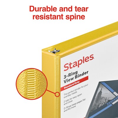 Staples® Standard 1" 3 Ring View Binder with D-Rings, Yellow (58652)