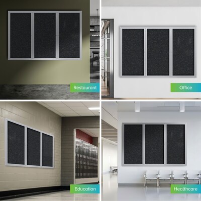 Ghent 4' H x 8' W Enclosed Recycled Rubber Bulletin Board with Satin Frame, 3 Door, Confetti (PA34896TR-CF)