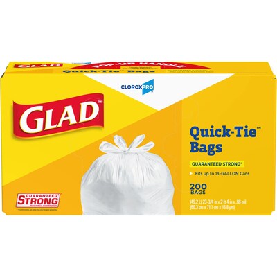 Glad Quick Tie Tall 13 Gallon Flap Tie Kitchen Trash Bag, White, 200 Total Bags (15931)