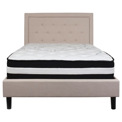 Flash Furniture Roxbury Tufted Upholstered Platform Bed in Beige Fabric with Pocket Spring Mattress, Full (SLBM18)