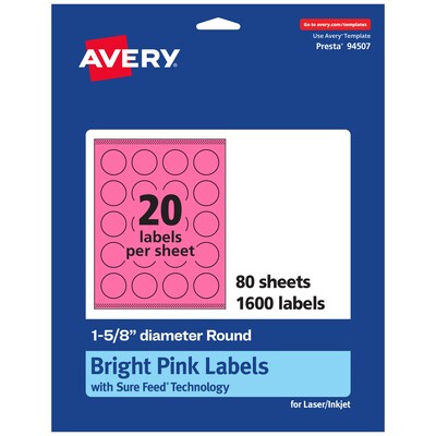 Avery Round Laser/Inkjet Multipurpose Labels, 1-5/8 Dia, Bright Pink (1600/Box)