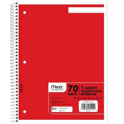Mead 1-Subject Notebooks, 8" x 10.5", College Ruled, 70 Sheets, Assorted Colors (MEA05512)