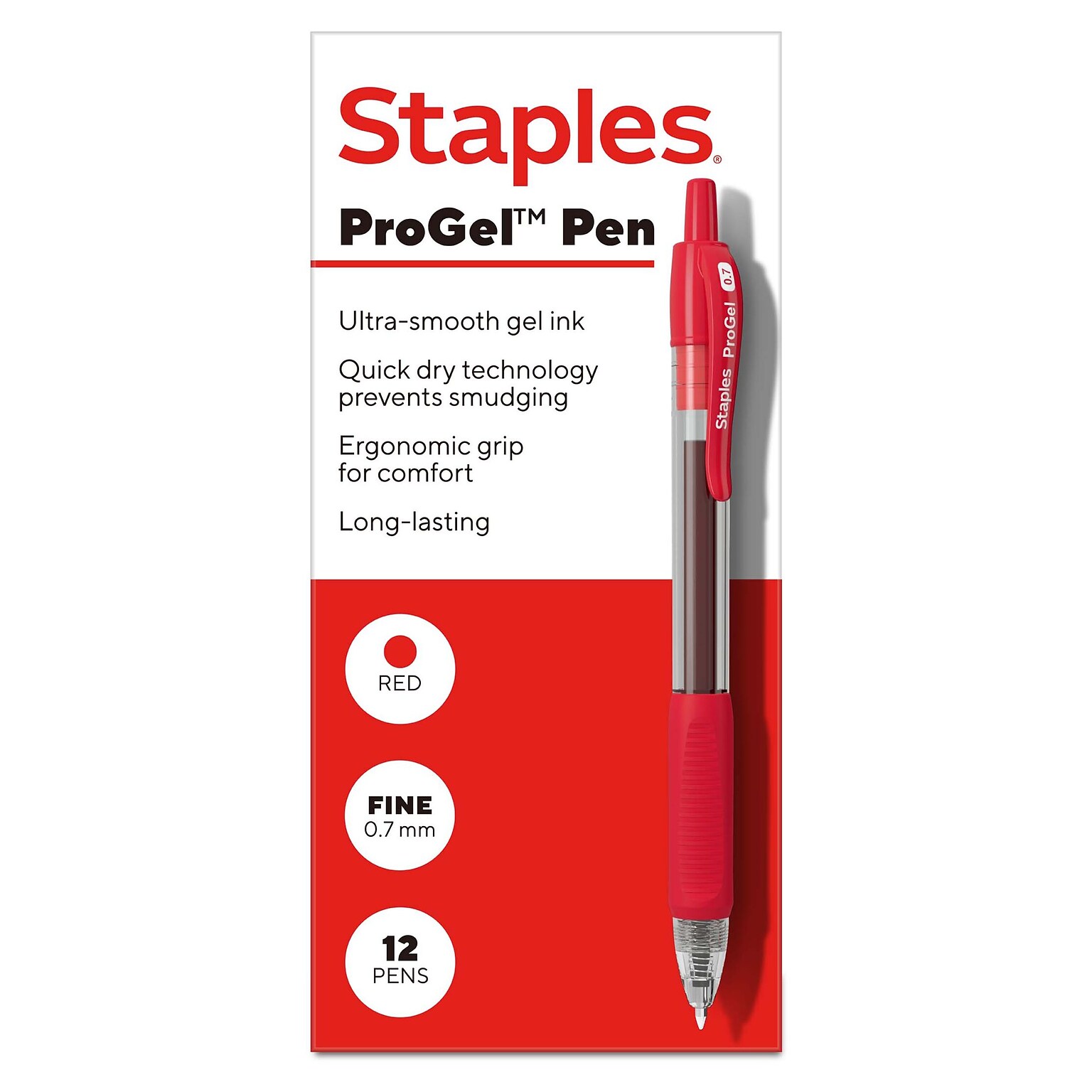 Staples ProGel™ Retractable Gel Pen, Fine Point, 0.7mm, Red Ink, Dozen (ST62585)