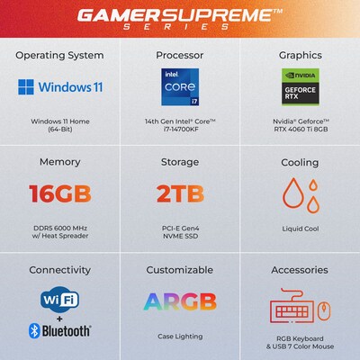 CyberPowerPC Gamer Supreme Gaming Desktop Computer, Intel Core i7-14700F, 16GB Memory, 2TB SSD (SLC10000CPGV15)