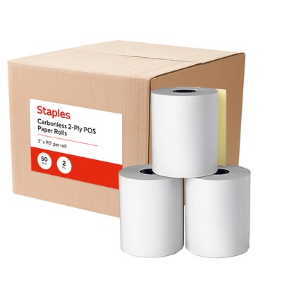 Staples Financial POS Register Rolls 2-Ply Carbonless 3 x 90 Ft Receipt Paper