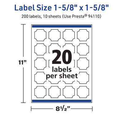 Avery TrueBlock Laser/Inkjet Decorative Edge Multipurpose Labels, 1-5/8" x 1-5/8", White, 200/Pack (94110)