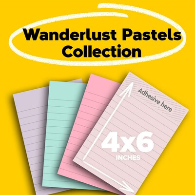 Post-it Recycled Super Sticky Notes, 4" x 6", Wanderlust Pastels Collection, 45 Sheets/Pad, 4 Pads/Pack (4621R-4SSNRP)
