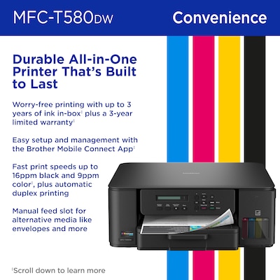 Brother INKvestment Tank MFC-T580DW Wireless Color All-In-One Supertank Inkjet Printer, Best for Home Office