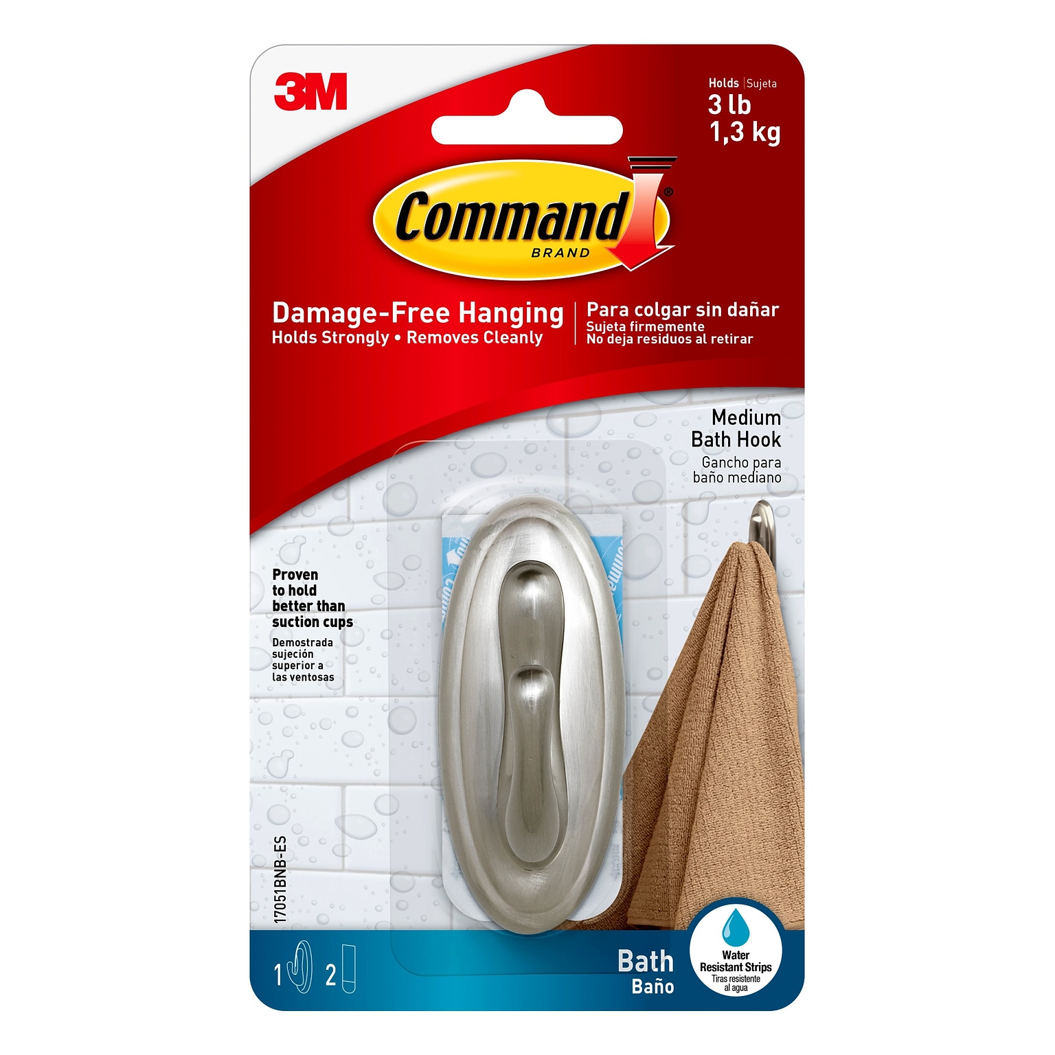 Command™ Medium Hook, Traditional Brushed Nickel, 1 Hook, 2 Strips/Pack (17051BN-B)