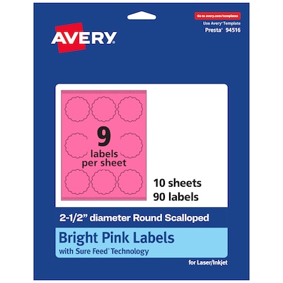 Avery Round Scalloped Laser/Inkjet Multipurpose Labels, 2.5 Dia, Bright Pink (90/Pack)