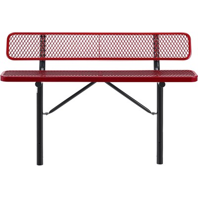 Global Industrial 6 Outdoor Steel Bench w/ Backrest, Expanded Metal, In Ground Mount, Red (277154IRD)