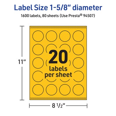 Avery Round Laser/Inkjet Multipurpose Labels, 1-5/8" Dia, Bright Yellow (1600/Box)