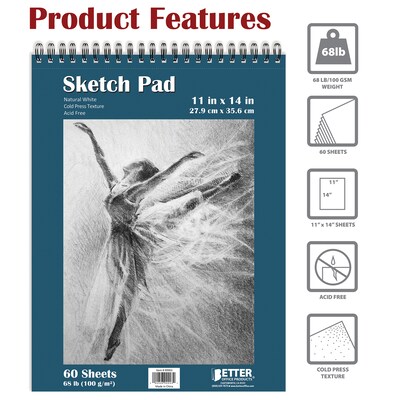 Better Office Products Spiral Bound Artist Sketch Book, 11 x 14, Premium Paper, 60-Sheets, Natural White (01306)