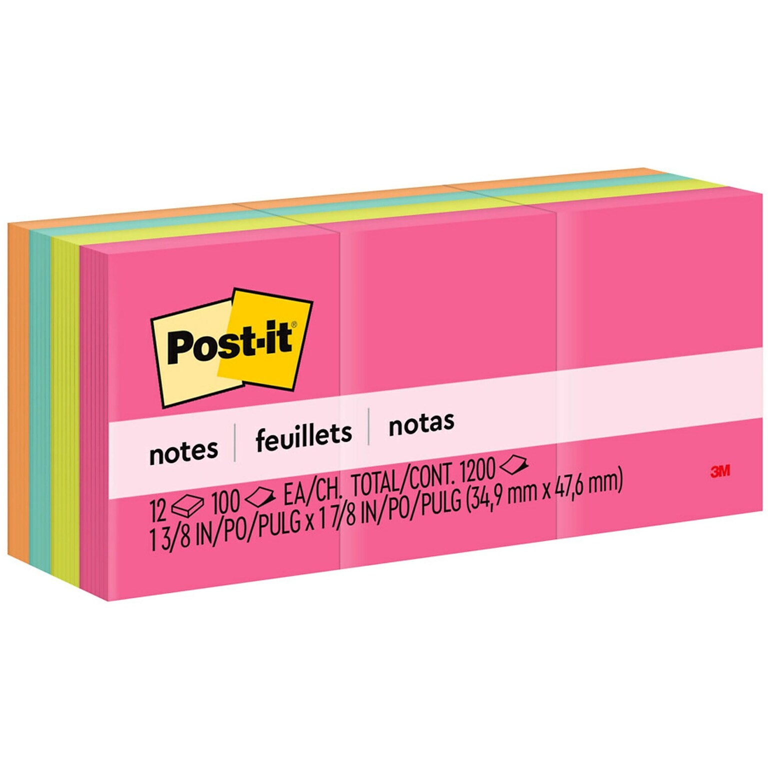 Post-it Notes, 1 3/8x 1 7/8, Poptimistic Collection, 100 Sheets/Pad, 12 Pads/Pack (653AN)