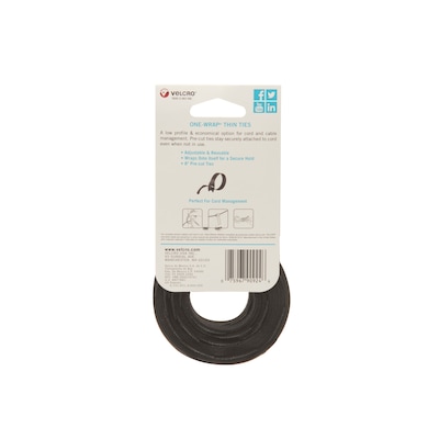 Velcro® Brand One-Wrap® Thin Cable Ties 1/2" x 8", Black/Gray, 50/Pack (90924)
