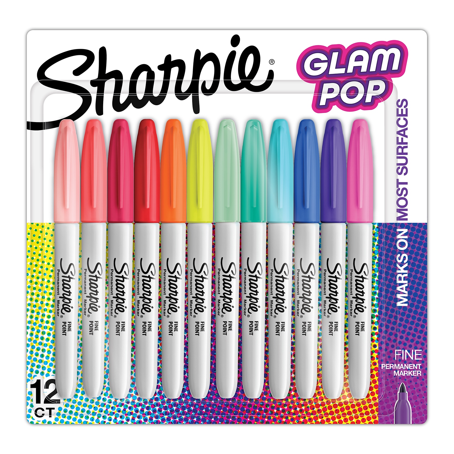 Sharpie Glam Pop Permanent Markers, Fine Tip, Assorted, 12/Pack (2185226)