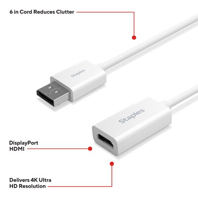 Staples TECH DisplayPort to HDMI Audio/Video Adapter, Male to Female, White (ST62362)