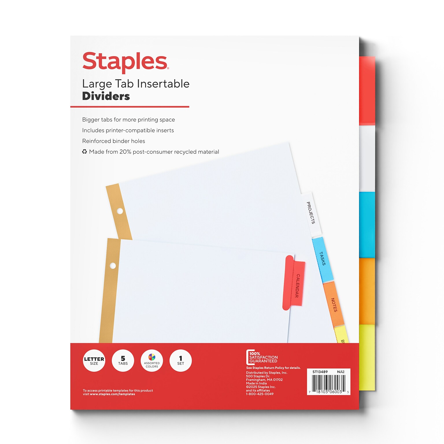 Staples Large Tab Insertable Paper Dividers, Assorted Colors, 5-Tabs (13489/11121)