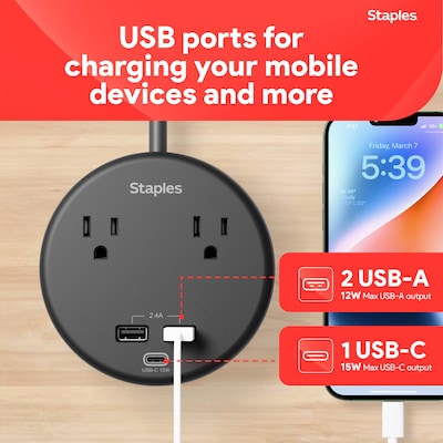 Staples TECH 2-Outlet 3-USB Port Surge Protector, 5', 500 Joules, Black (ST62772)