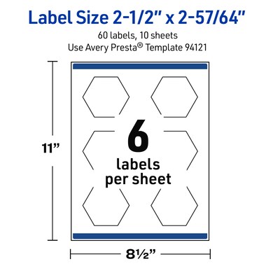 Avery Hexagon Laser Multipurpose Labels, 2-1/2" x 2-57/64", White, 60/Pack (19479399168)