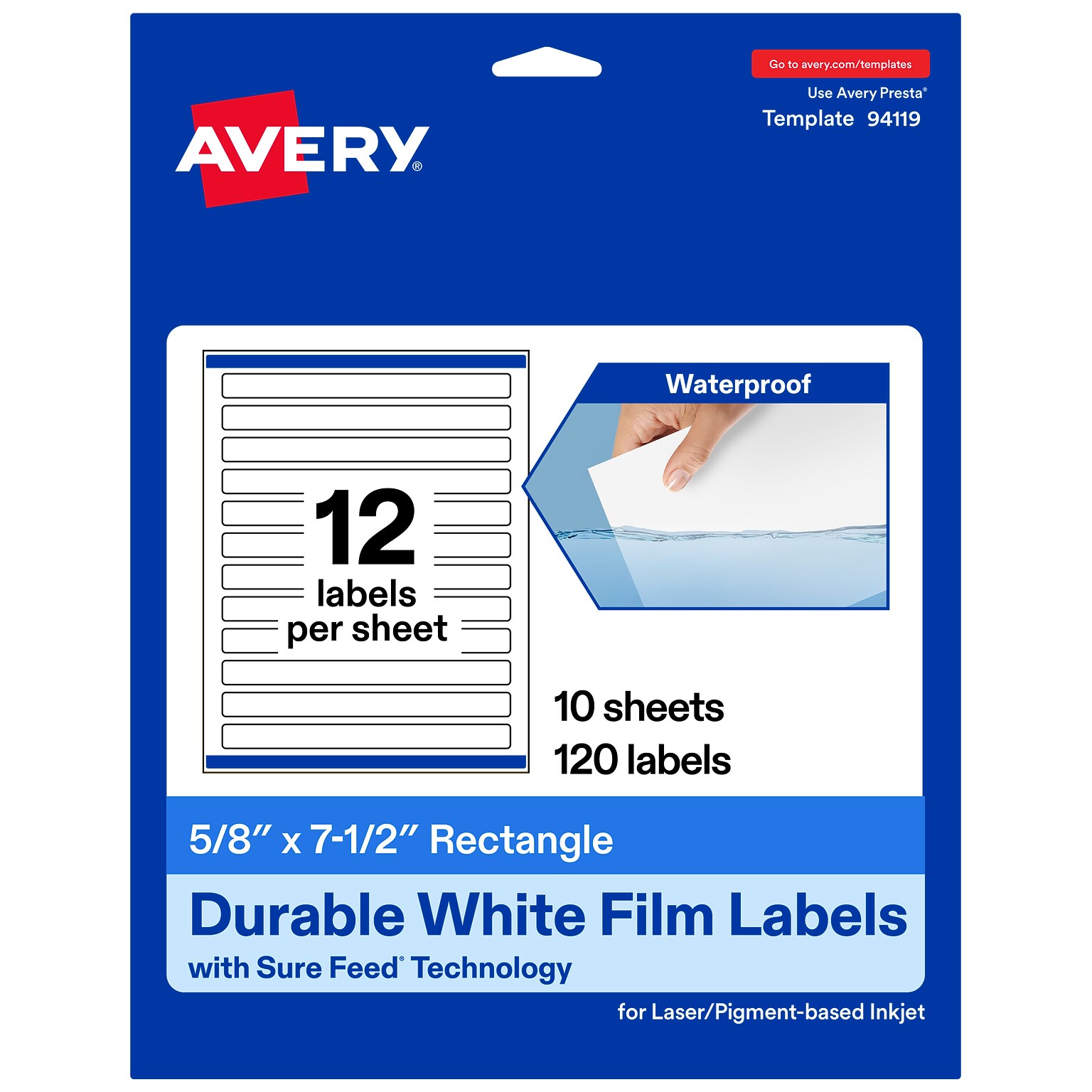 Avery Laser/Inkjet Rectangle Waterproof Multipurpose Labels, 7.5  x 0.625, White, 120/Pack (94119)