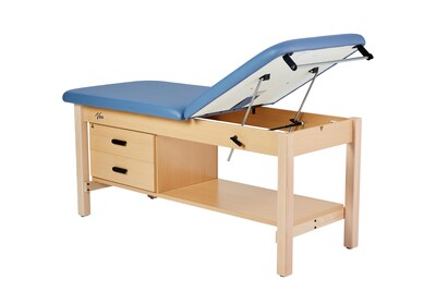 Aristo Wood Physician Adjustable Exam Table with Shelf, Dual Drawer Cabinet, Paper Cutter, Holder, 500 lb Capacity, Blue