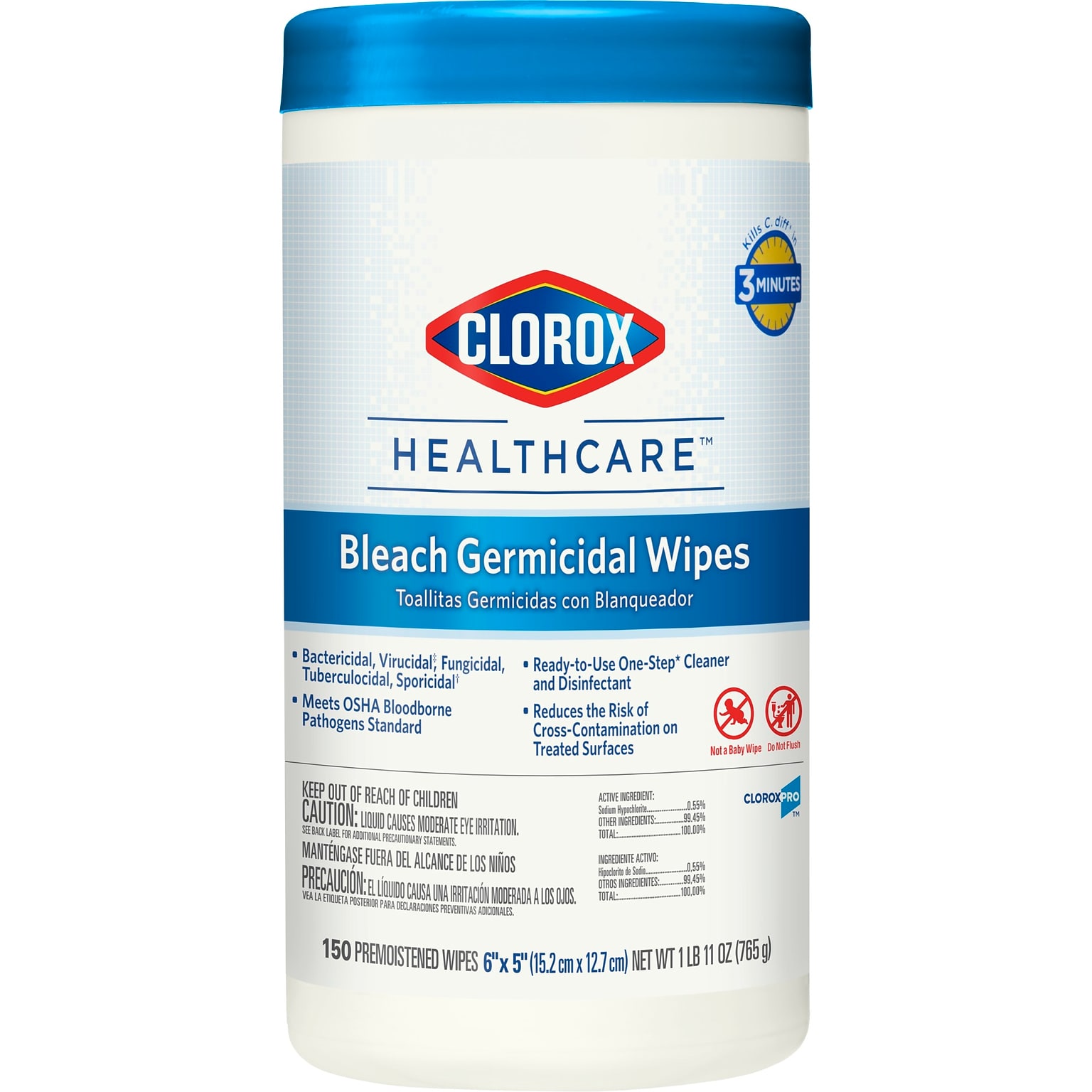 Clorox Healthcare Bleach Germicidal Wipes, 150 Count Canister (30577)