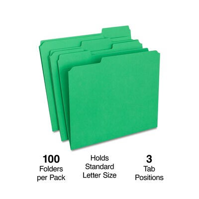 Staples® Reinforced File Folders, 1/3 Cut Tab, Letter Size, Green, 100/Box (TR508960)